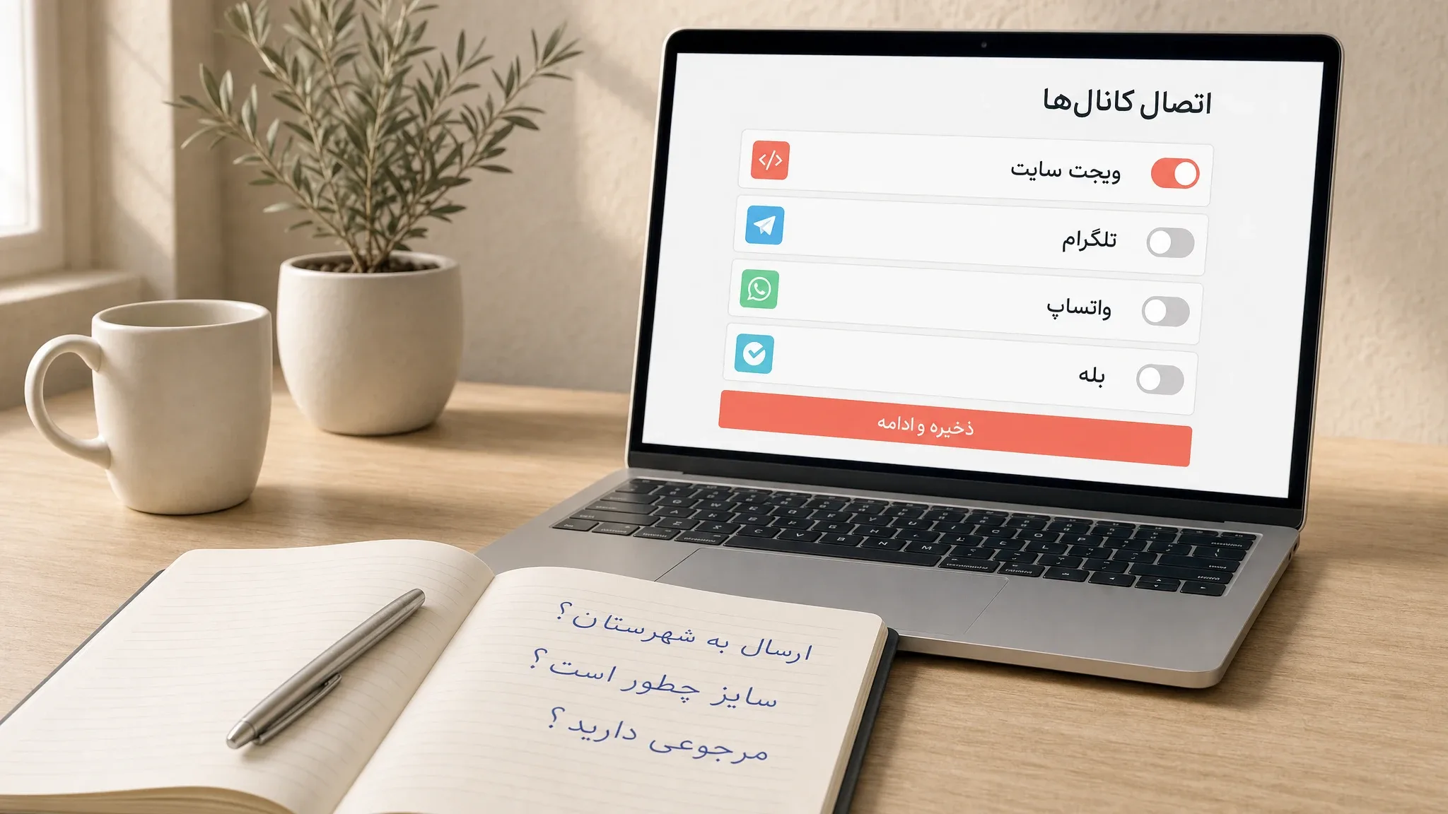 دفترچهای باز روی میز با سه سؤال دستنویس مشتریها، و پشت آن لپتاپی که صفحهٔ اتصال کانالها را نشان میدهد؛ ویجت سایت روشن و تلگرام، واتساپ و بله خاموش.